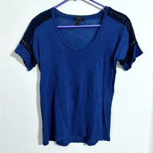 J. Crew 100% Linen short sleeve top with crochet trim, deep blue, size XXS